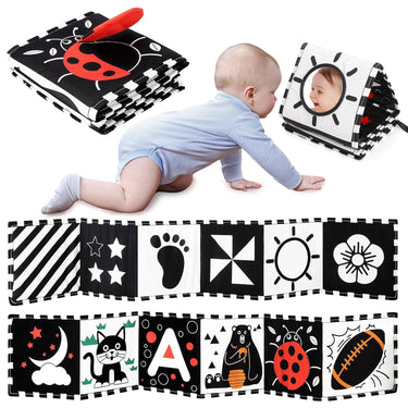 Montessori Baby Sensory Book van Zacht Polyester met Hoge Contrastpatronen en Babyveilige Spiegel voor 0-12 Maanden 0